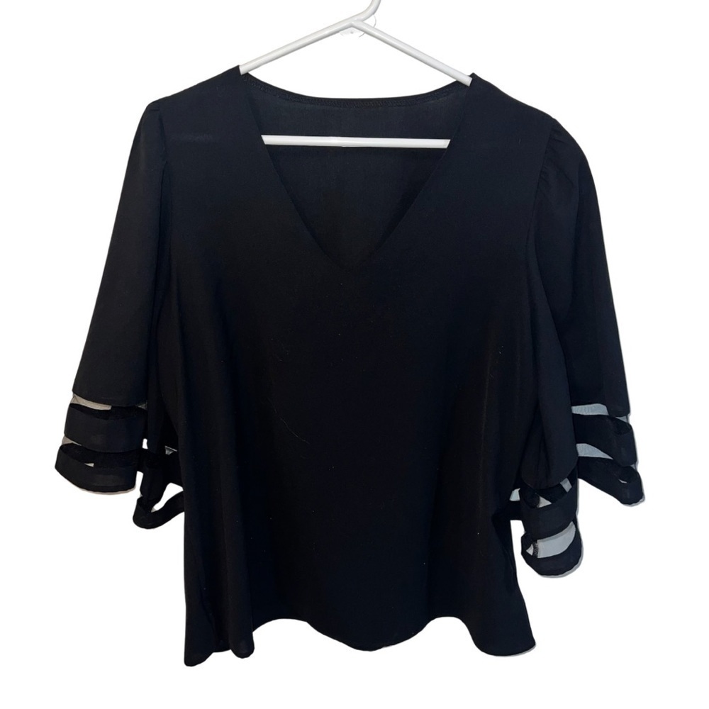 Black Ruffled Blouse with Elbow-Length Sleeves